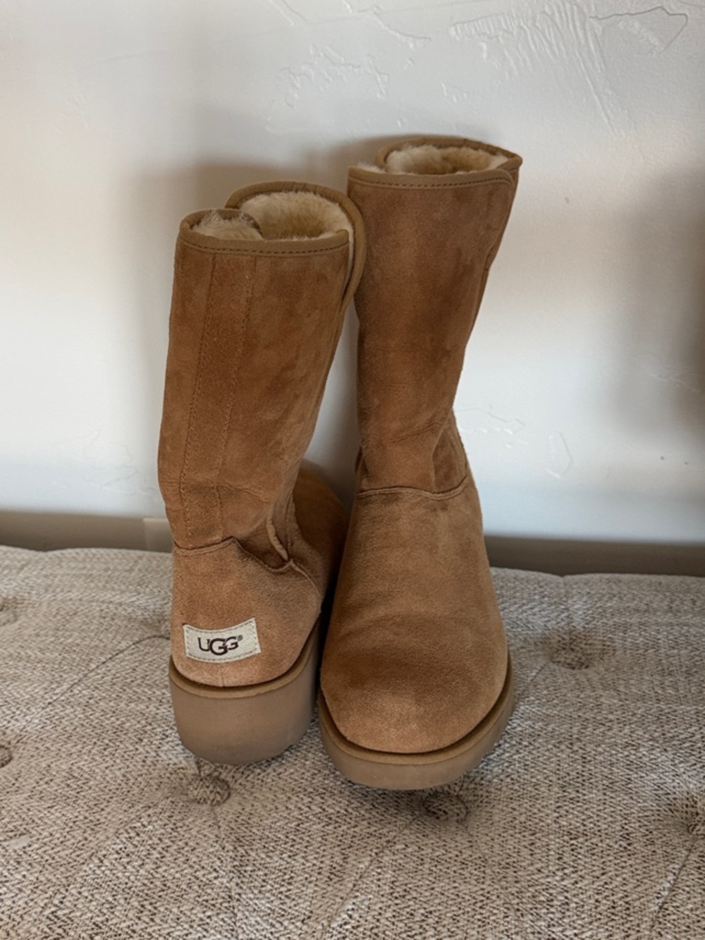 UGG Mid-Calf Suede Shearling Boots in Chestnut Brown